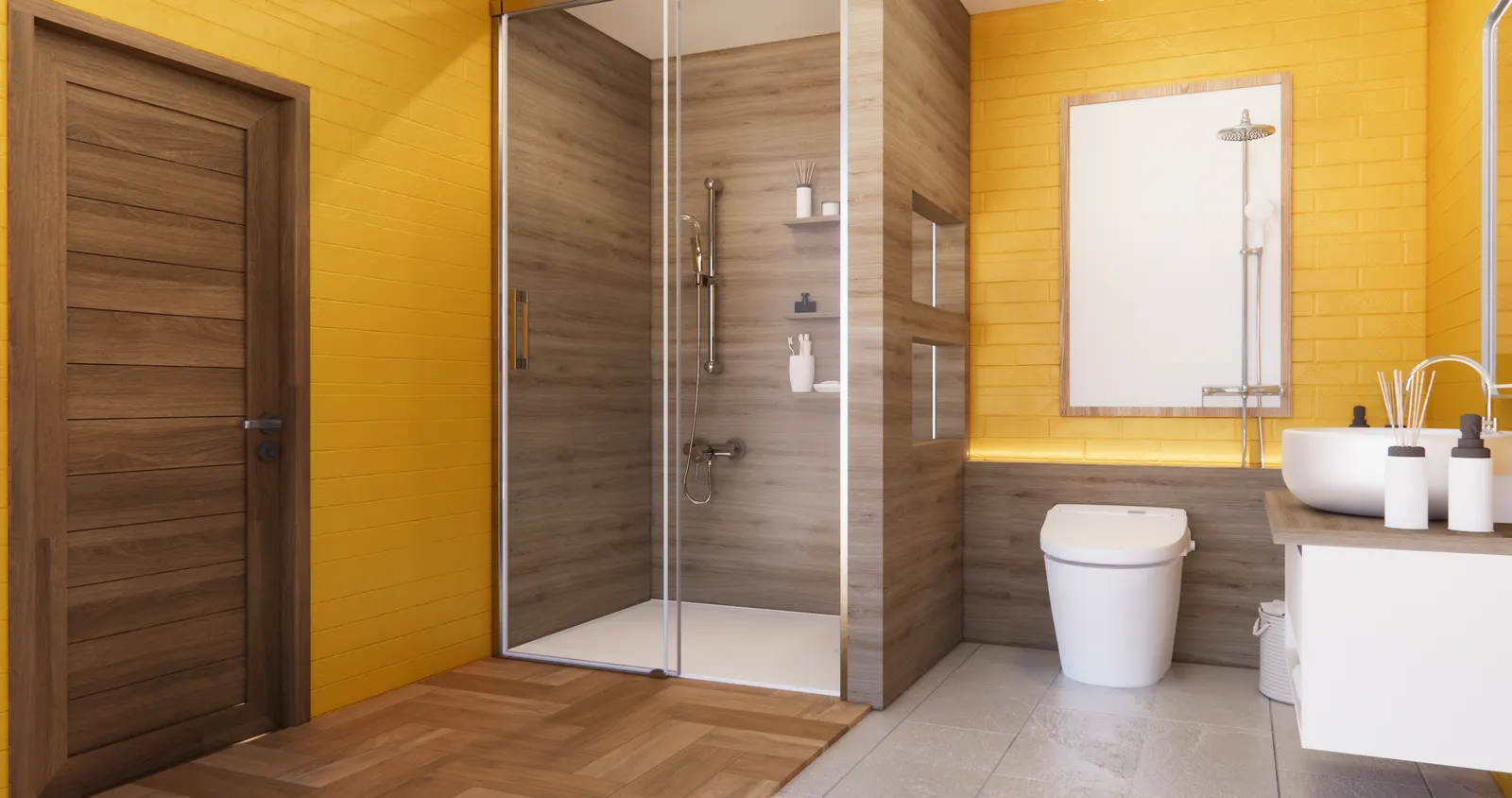 Walk-in glass shower with a grab bar in a bathroom with yellow brick walls.